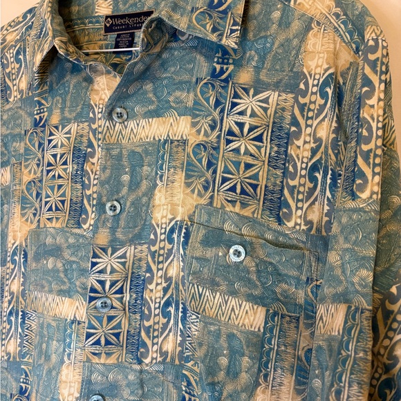 Weekenders L Men's Short Sleeve Silk Cotton Blend Hawaiian Tribal Pattern - Picture 3 of 8